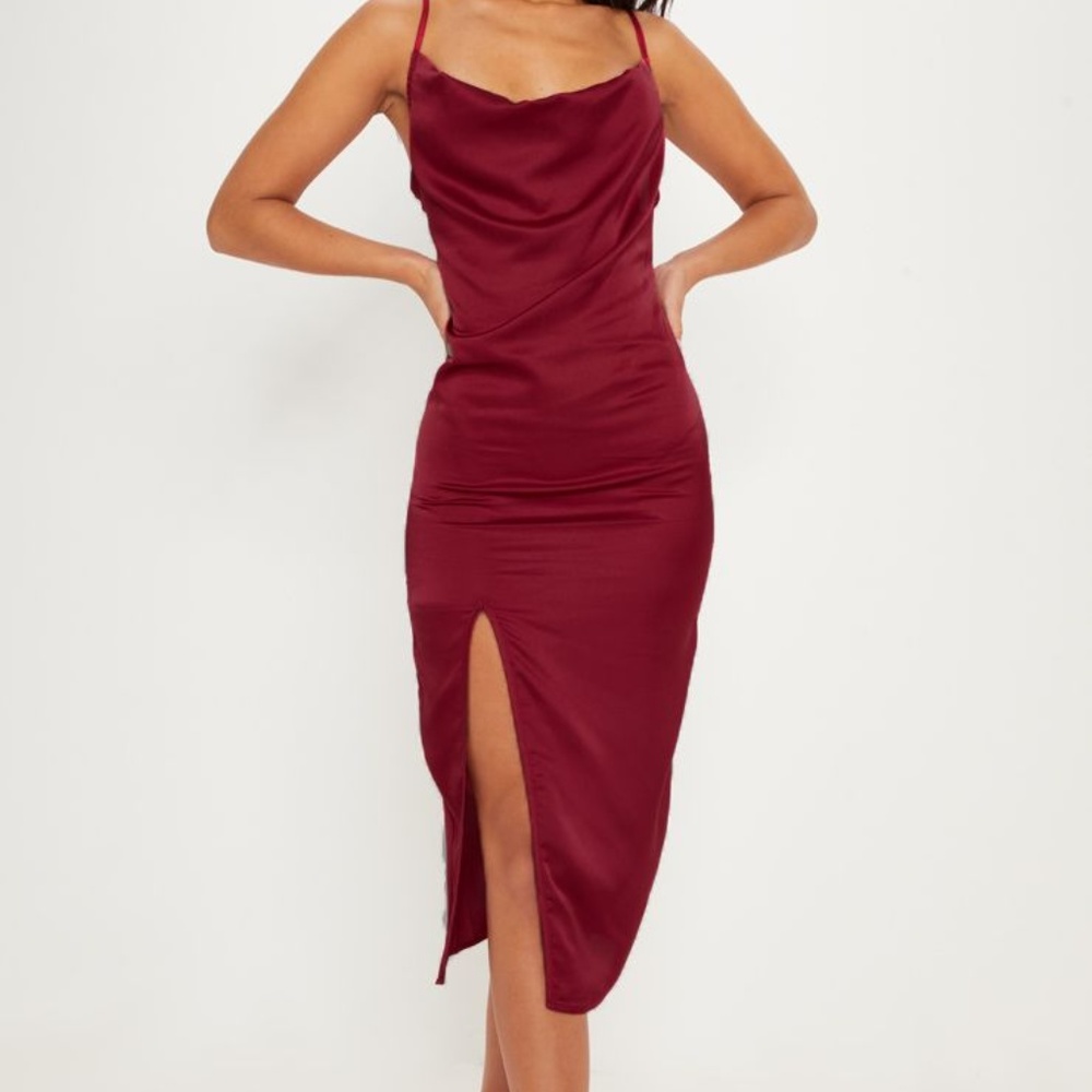 PRETTYLITTLETHINGS Burgundy Satin Cowl Midi Dress